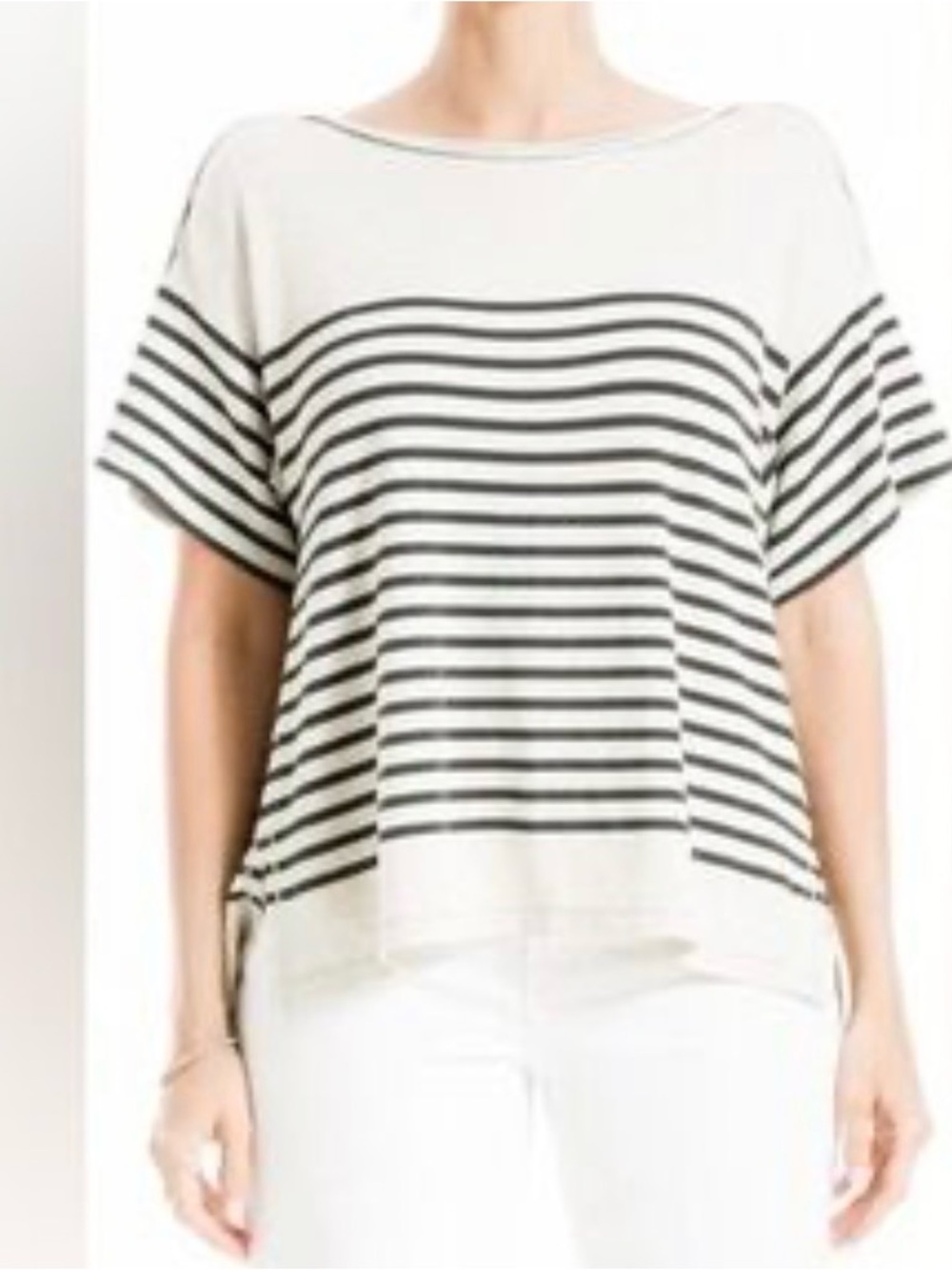 Max Studio Cream and Tan Striped Boxy Boatneck Tee
